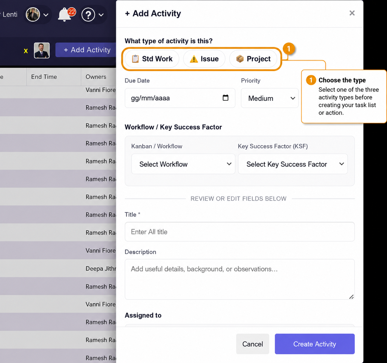 Presto Add Activity panel showing activity type, due date, workflow, title and description fields