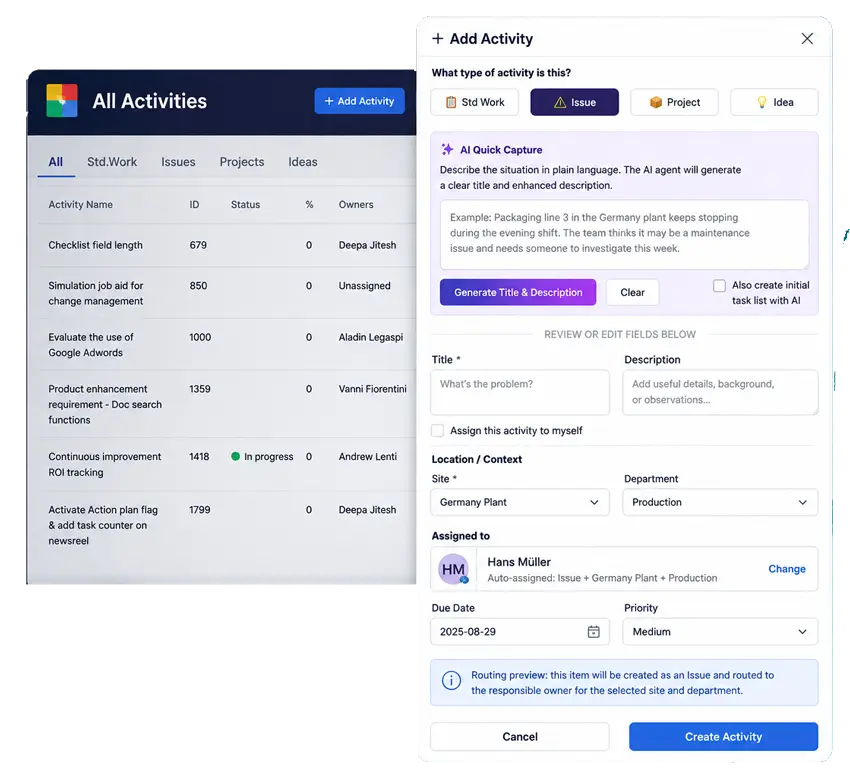 Presto All Activities screen with AI Quick Capture generating an activity from a plain-language problem statement
