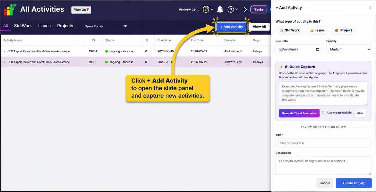 Presto All Activities dashboard showing the Add Activity button and AI Quick Capture panel