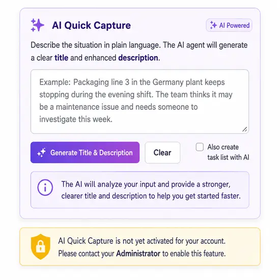 Close-up of the Presto AI Quick Capture panel for entering a plain-language situation and generating work